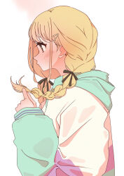  1girl black_ribbon blonde_hair blush braid commentary_request french_braided_twintails fujita_kotone gakuen_idolmaster hair_ribbon highres hood hooded_jacket idolmaster jacket long_hair looking_ahead multicolored_jacket nasu_danshaku profile ribbon simple_background solo twin_braids upper_body white_background 