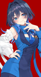 1girl :3 asymmetrical_sleeves award_ribbon black_vest blue_eyes blue_hair blue_necktie blue_shirt blue_sleeves blue_vest buttons chain chain_earrings cleavage_cutout closed_mouth clothing_cutout collared_shirt colored_inner_hair detached_sleeves double-breasted hair_intakes hand_on_own_hip hand_up hashtag-only_commentary head_tilt highres hololive hololive_english long_hair looking_at_viewer medal military_uniform mismatched_sleeves mogu_(au1127) multicolored_hair necktie official_alternate_costume official_alternate_hairstyle ouro_kronii ouro_kronii_(4th_costume) red_background shirt sidelocks simple_background sleeveless sleeveless_shirt solo two-tone_hair two-tone_vest upper_body vest virtual_youtuber white_sleeves wolf_cut 