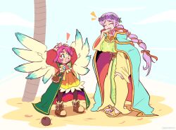  ! 2girls ^_^ alternate_costume arms_up bag bandaid bandaid_on_head boots braid braided_ponytail breasts brown_boots closed_eyes coat coconut commission crossed_bandaids dragon_tail dress facial_mark fae_(fire_emblem) fire_emblem fire_emblem:_the_binding_blade fire_emblem_heroes floating floating_object forehead_mark full_body green_coat green_eyes green_tabard hand_on_own_knee hand_to_own_mouth head_bump head_wreath highres hooded_robe idunn_(divine_demon)_(fire_emblem) idunn_(fire_emblem) large_breasts laughing leaning_forward light_persona long_hair long_sleeves low_ponytail multiple_girls nintendo notice_lines official_alternate_costume official_alternate_hairstyle open_mouth orange_dress palm_tree pink_hair pointy_ears ponytail purple_hair quarium robe sand satchel short_dress short_hair sleeveless_duster smile solo standing tabard tail tree wings 