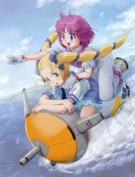  2girls black_necktie blonde_hair blue_bow blue_eyes blue_sailor_collar blue_skirt blue_sky bow breasts cloud company_connection crossed_arms crossover dutch_angle frilled_skirt frills full_body gloves green_eyes hair_bow horizon island konami kumakumakumat_t long_hair looking_at_another looking_back madoka_(otomedius) medium_breasts multi-tied_hair multiple_girls necktie ocean open_mouth otomedius outdoors pants pastel_(twinbee) pink_hair pink_shirt pink_shoes pointing sailor_collar shirt shoes short_hair short_sleeves skirt sky smile spacecraft twinbee twintails two-tone_shirt wake_(wave) water white_gloves white_pants white_shirt 