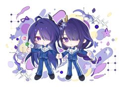  2girls acheron_(honkai:_star_rail) ahoge alternate_costume alternate_universe artist_request black_shoes blue_pupils blush braid chibi chibi_only chinese_commentary closed_mouth collared_jacket commission couple dango eyeliner fan_hair_ornament flower_ornament food genshin_impact gradient_hair hair_ornament hair_over_one_eye hair_ribbon highres holding holding_food holding_hands honkai:_star_rail honkai_(series) huge_ahoge in-franchise_crossover jacket long_braid long_hair long_sleeves looking_at_viewer looking_to_the_side low-tied_long_hair makeup multicolored_eyes multicolored_hair multiple_girls pants parted_lips purple_eyes purple_hair purple_ribbon raiden_shogun red_eyeliner ribbon sawashiro_miyuki shade shoes single_braid standing streaked_hair track_suit wagashi white_background yuri 