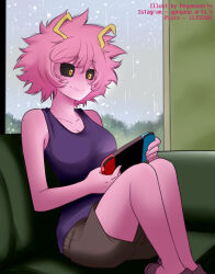  1girl artist_name ashido_mina bad_tag black_sclera boku_no_hero_academia bones_(company) colored_sclera colored_skin controller couch curly_hair game_console game_controller highres horns legs nintendo nintendo_switch nintendo_switch_2 pegasus_arts pink_fur pink_skin playing playing_games rain shirt short_hair shorts shounen_jump sitting sleevleess_shirt slippers smile yellow_eyes 