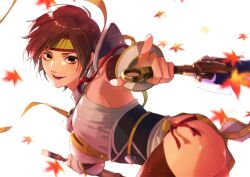 ass breasts brown_eyes brown_hair cleavage dagger dual_wielding falling_leaves hairband hip_vent holding japanese_clothes kimono knife large_breasts leaf nene nene_(sengoku_musou) obi pointing red_thighhighs sash sengoku_musou side_slit sideboobs smile thighhighs thighs weapon