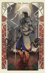  1boy armor art_nouveau blood brown_hair card_(medium) demon&#039;s_souls fromsoftware full_armor garl_vinland gauntlets greaves helmet lightning long_hair mace male_focus nekkeau pauldrons shoulder_armor solo unworn_headwear unworn_helmet watermark weapon web_address 