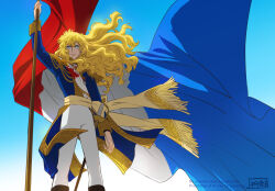  1girl blonde_hair blue_eyes blue_jacket epee flag french_flag holding holding_flag jacket long_hair looking_at_viewer military_uniform official_art oscar_francois_de_jarjayes pants sheath sheathed solo standing versailles_no_bara white_pants yasaki_yuuko 