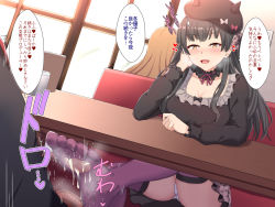1boy 1girl after_footjob bar_censor beret black_hair black_shirt blouse blunt_bangs blush bow brown_eyes cameltoe censored choker cum cum_on_body cum_on_feet cum_on_socks fake_horns footjob frilled_choker frills hat hetero highres horns idolmaster idolmaster_shiny_colors long_hair mayuzumi_fuyuko open_mouth panties pantyshot purple_thighhighs ribbon shin&#039;yashiki shirt sitting skirt stealth_sex thighhighs translation_request underwear white_panties rating:Explicit score:61 user:thispersonhereiscool