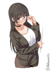  1girl adjusting_eyewear alternate_costume black_choker black_hair brown_legwear choker choukai_(kancolle) collarbone cropped_legs ebifurya glasses highres holding holding_pointer jacket kantai_collection long_hair looking_at_viewer pointer red_eyes shirt side_slit simple_background skirt solo teacher twitter_username white_background white_shirt  rating:Sensitive score:14 user:danbooru