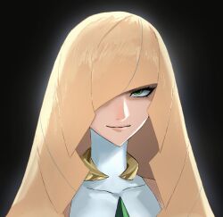  1girl black_background blonde_hair breasts collarbone diamond_(shape) dress gem green_eyes green_gemstone hair_over_one_eye highres light_smile long_hair looking_to_the_side lusamine_(pokemon) nintendo pokemon pokemon_sm portrait simple_background sleeveless sleeveless_dress smile solo suzuki_zentarou white_dress 