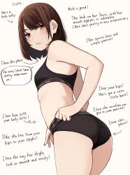  1girl absurdres alternate_language arrow_(symbol) bare_arms bare_shoulders black_bra black_panties blush bob_cut bra brand_name_imitation breasts brown_background brown_eyes brown_hair calvin_klein closed_mouth clothes_writing english_text highres kapatarou looking_at_viewer looking_back original panties simple_background small_breasts solo standing thick_eyebrows underwear underwear_writing  rating:Sensitive score:60 user:danbooru