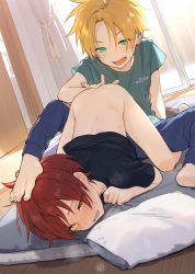 2boys all_fours anal_fingering bad_id bad_pixiv_id barefoot bed_sheet bent_over black_shirt blonde_hair blue_pants blue_shirt blush bottomless breath kodomo_doushi clothes curtains ear_piercing feet fingering foot_on_head futon green_eyes highres indoors kneeling looking_at_another male_focus multiple_boys nose_blush open_mouth original pants piercing pillow_(nutsfool) red_hair sheet_grab shirt shota sitting smile soles sweat toes top-down_bottom-up yaoi yellow_eyes rating:Explicit score:801 user:danbooru