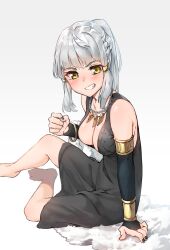  1girl annoyed bare_shoulders black_dress black_gloves black_nails blush bracelet braid breasts center_opening cleavage clenched_hand clenched_teeth commentary dress elbow_gloves fate/grand_order fate_(series) fingerless_gloves gloves grey_hair hatohane_(tonnkotubird) highres jewelry looking_at_viewer medium_breasts necklace penthesilea_(fate) penthesilea_(shining_skyscrapers)_(fate) ponytail sidelocks simple_background single_braid solo teeth yellow_eyes 