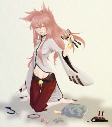  1girl animal_ears arakune arc_system_works barefoot bell belt black_panties blazblue blazblue:_calamity_trigger bracelet cat_ears cat_girl doll feet female_focus full_body glasses hakumen jewelry kokonoe_(blazblue) lab_coat long_hair midriff mimei orange_eyes panties pants pink_hair pliers ponytail screwdriver solo tools underwear 