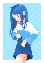 1girl ahoge blue_eyes blue_hair blue_skirt blush bow commentary_request dressing highres hirogaru_sky!_precure kyanos_(b_0000ff) long_sleeves medium_hair precure shirt single_sidelock skirt solo sora_harewataru t-shirt two-tone_shirt yellow_bow rating:General score:3 user:danbooru