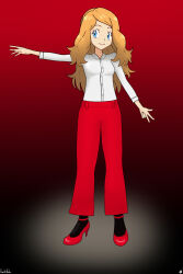  1girl alternate_costume alternate_hairstyle arm_at_side artist_name black_socks blonde_hair blue_eyes breasts buttons casual clenched_hand collared_shirt fankifalu female_focus full_body gradient_background hair_down happy high_heels highres long_hair neck nintendo no_headwear outstretched_arm pants pokemon pokemon_xy red_pants red_shoes serena_(pokemon) shirt shirt_tucked_in shoes sidelocks sideways_glance small_breasts smile socks standing swept_bangs three-quarter_sleeves w white_shirt 