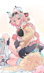  2girls absurdres animal_ears black_gloves blonde_hair blue_hair breasts closed_mouth cow_ears cow_girl cow_horns cow_tail detached_sleeves ear_bell from_behind genshin_impact gloves highres hooriyuu horns leg_warmers long_hair long_sleeves looking_at_another looking_down lumine_(genshin_impact) lying multicolored_hair multiple_girls on_back partially_fingerless_gloves pink_hair sitting sitting_on_face sitting_on_person streaked_hair tail thumbs_up varesa_(genshin_impact) white_leg_warmers 