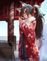  1girl animal_ear_fluff animal_ears black_hair floral_print fur_trim glasses grey_hair hair_between_eyes hair_ornament hairclip highres hololive jacket long_hair looking_at_viewer multicolored_hair ookami_mio ookami_mio_(new_year) outdoors own_hands_clasped own_hands_together pleated_skirt ponytail red_hair shrine_bell shrine_tank_(touhou) sidelocks skirt smile solo streaked_hair sue_(bg-bros) tail tail_around_own_leg tail_wrap touhou very_long_hair virtual_youtuber wolf_ears wolf_girl wolf_tail yellow_eyes 