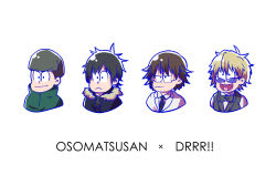  4boys absurdres durarara!! fukuyama_jun heiwajima_shizuo highres kadota_kyouhei kamiya_hiroshi kishitani_shinra matsuno_choromatsu matsuno_ichimatsu matsuno_jyushimatsu matsuno_karamatsu multiple_boys nakamura_yuuichi ono_daisuke orihara_izaya osomatsu-san osomatsu_(series) voice_actor_connection 