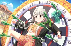 bikini braid braided_bangs building buttons coat crowd dartboard faceless game_cg grey_eyes grey_hair hisakawa_nagi id_card idolmaster idolmaster_cinderella_girls idolmaster_cinderella_girls_starlight_stage letter low_twintails navel necktie number_print official_art shorts spring_onion star_(symbol) swimsuit twintails