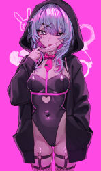  1girl black_jacket black_leotard blue_hair breasts clothing_cutout cowboy_shot cutout_above_navel hand_in_pocket hatsune_miku heart_cutout highres jacket leotard mask medium_breasts medium_hair mouth_mask multicolored_hair navel pink_background pink_hair rabbit_hole_(vocaloid) simple_background skindentation solo spaghetti_strap streaked_hair surgical_mask teardrop_facial_mark thigh_strap tongue tongue_out two-tone_hair vocaloid waytok 
