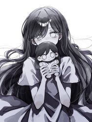  1girl character_doll commentary covered_mouth doll dress eyes_visible_through_hair film_grain greyscale hair_behind_ear hanabata0320 hands_up highres holding holding_doll long_hair looking_at_viewer mari_(omori) mari_(spirit)_(omori) monochrome no_pupils omori short_sleeves simple_background solo spoilers straight-on swept_bangs symbol-only_commentary upper_body very_long_hair wavy_hair white_background 