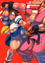  1boy 1girl blue_skirt blush brown_hair buruma clenched_teeth curvy dougi fingerless_gloves gloves hibiki_dan high_kick highres kasugano_sakura kicking muscular muscular_female padded_gloves pleated_skirt punching rabadasi_ii red_background red_buruma red_footwear school_uniform serafuku shoes short_hair simple_background skirt sneakers street_fighter street_fighter_zero_(series) teeth thick_thighs thighs 