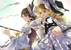  2girls :d apron back_bow black_hat black_vest blonde_hair bow braid braided_sidelock broom broom_riding brown_eyes brown_hair buttons closed_mouth commentary_request detached_sleeves double-breasted frilled_apron frilled_bow frilled_hair_tubes frills gohei hair_bow hair_tubes hakurei_reimu hat hat_bow holding holding_gohei kirisame_marisa long_hair long_sleeves meji_aniki mini-hakkero multiple_girls open_mouth pink_bow profile puffy_long_sleeves puffy_sleeves red_bow red_vest ribbon-trimmed_sleeves ribbon_trim shirt sidelocks single_braid smile socks swept_bangs touhou turtleneck turtleneck_shirt vest waist_apron white_apron white_background white_bow white_shirt white_sleeves white_socks wide_sleeves witch_hat yellow_eyes 