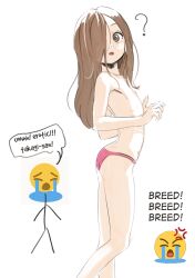  1girl bikini brown_eyes brown_hair butterchalk doodle english_text female_focus flat_chest highres karakai_jouzu_no_takagi-san legs loli long_hair looking_at_viewer navel smile solo standing stomach swimsuit takagi-san thighs topless_female uohhhhhhhhh!_(meme) white_background 