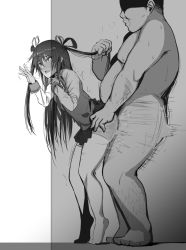 1boy 1girl anegawa_eiji bad_id bad_pixiv_id bent_over blush clothed_female_nude_male clothed_sex fat fat_man from_side grabbing_another&#039;s_hair greyscale heavy_breathing hetero highres leaning_forward long_hair mizuki_yukikaze moaning monochrome netorare nude older_man_and_younger_girl pleated_skirt rape ribbon school_uniform sex sex_from_behind skirt smile standing stealth_sex sweat taimanin_(series) taimanin_asagi_kessen_arena taimanin_yukikaze thighhighs through_wall twintails ugly_bastard vaginal wall white_thighhighs rating:Explicit score:360 user:danbooru