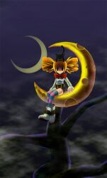  1girl animal animal_on_head bare_tree black_cat black_shorts blonde_hair blue_thighhighs blunt_bangs boots bow bowtie cat cat_on_head closed_mouth crescent_moon full_body loli_ruri long_sleeves looking_at_viewer moon nuri_nokoshi_joushuuhan_no_ebichiri on_crescent on_head pink_thighhighs pointy_ears ragnarok_online red_bow red_bowtie red_eyes shirt short_hair short_shorts shorts smile solo striped_clothes striped_thighhighs thighhighs third-party_source tree two_side_up white_boots white_shirt 