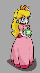  1-up_mushroom 1girl blonde_hair blue_eyes breast_press breasts brooch crown dress earrings elbow_gloves eyelashes female_focus full_body gloves grey_background holding holding_mushroom jewelry lips long_dress long_hair looking_at_another looking_down mario_(series) medium_breasts mrkashkiet mushroom nintendo parted_lips pink_dress pink_lips polka_dot power-up princess princess_peach puffy_short_sleeves puffy_sleeves shadow short_sleeves simple_background solid_eyes solo standing super_mario_bros._1 very_long_hair white_gloves  rating:Sensitive score:5 user:pc88