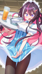  1girl absurdres accident alternate_costume azki_(hololive) black_pantyhose blue_dress blush breasts brown_hair buttons cleavage clumsy colored_inner_hair commentary_request covering_crotch covering_privates cowboy_shot detached_collar double-breasted double-parted_bangs dress facing_viewer framed_breasts hair_between_eyes hair_intakes hair_ornament hairclip half_up_half_down_braid half_updo highres holding holding_tray hololive long_hair looking_down maid_headdress mille mole mole_under_eye multicolored_hair open_mouth pantyhose pinafore_dress pink_hair ponytail puffy_short_sleeves puffy_sleeves purple_eyes shirt short_ponytail short_sleeves skirt skirt_flip skirt_tug sleeveless sleeveless_dress small_breasts solo spilling streaked_hair striped_clothes striped_dress surprised tray underbust vertical-striped_clothes vertical-striped_dress very_long_hair virtual_youtuber waitress white_hair white_shirt wind wind_lift 