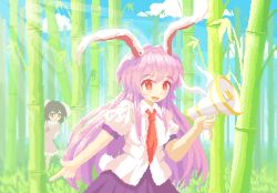  02charaice20 2girls absurdres animal_ears bamboo bamboo_forest brown_hair carrot_necklace cloud collared_shirt commentary commission day dress english_commentary finger_gun floppy_ears forest gun highres holding holding_gun holding_weapon inaba_tewi jewelry long_hair lunatic_gun mixed-language_commentary multiple_girls nature necklace necktie open_mouth outdoors pendant pink_dress pixel_art pixiv_commission puffy_short_sleeves puffy_sleeves purple_hair purple_skirt rabbit_ears rabbit_girl rabbit_tail red_eyes red_necktie reisen_udongein_inaba shirt short_sleeves skirt smile tail touhou very_long_hair weapon white_shirt 