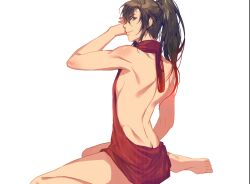  1boy alternate_costume ass back backless_dress backless_outfit bare_arms bare_back bare_legs bare_shoulders barefoot black_hair brown_eyes brown_hair butt_crack closed_mouth crossdressing dress from_behind halterneck hand_up highres jujeop korean_commentary long_hair looking_at_viewer looking_back male_focus modao_zushi naked_sweater ponytail red_sweater revealing_clothes ribbed_sweater sidelocks simple_background sitting smile solo sweater sweater_dress trap turtleneck turtleneck_sweater virgin_killer_sweater wariza wei_wuxian white_background 