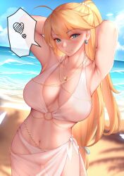 1girl absurdres ahoge arm_at_side armpits arms_up artoria_pendragon_(fate) artoria_pendragon_(lancer)_(fate) beach bikini blonde_hair blue_eyes breasts cleavage closed_mouth cloud day earrings fate/grand_order fate_(series) genkung heart highres jewelry large_breasts long_hair looking_at_viewer navel necklace o-ring o-ring_bikini outdoors ponytail ring ring_necklace sand sarong see-through_clothes smile solo speech_bubble spoken_heart swimsuit very_long_hair water white_bikini rating:Sensitive score:49 user:danbooru