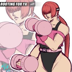  1girl ass bodysuit breasts curvy exercising female_focus gym gym_uniform gymnastics hairband huge_ass huge_breasts large_breasts long_hair muscular muscular_female pale_skin ponytail red_hair shermie_(kof) shirt sportswear standing taurence_bell the_king_of_fighters thick_thighs thighs toned toned_female wide_hips 