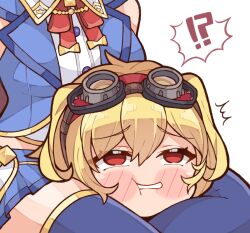  !? 2girls blonde_hair blue_skirt blue_thighhighs breasts commentary english_commentary goggles goggles_on_head hair_between_eyes highres hololive kaela_kovalskia kukie-nyan large_breasts long_hair miniskirt multiple_girls no_pupils pleated_skirt red_eyes scissorhold simple_background skirt solo_focus thighhighs thighs tokino_sora virtual_youtuber white_background 