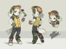  1boy 2020 abs absurdres animal_ears barefoot basset_hound biceps black_leggings black_nails bottle bracelet chinese_clothes chinese_knot deltoids digitigrade dog dog_boy dog_ears dog_tail freedom_planet freedom_planet_2 from_above from_behind furry genderswap genderswap_(ftm) green_eyes hand_on_own_chin highres hood hooded_jacket jacket jewelry knees krita_(medium) leggings light_blush light_smile looking_at_viewer looking_up milla_basset multiple_views muscular muscular_male non-web_source orange_hair pankou pants parted_lips pawpads pectorals reference_sheet serratus_anterior short_hair sleeveless sleeveless_jacket standing standing_on_one_leg tail tareme tight_clothes toned toned_male tyson_tan upturned_eyes visor_cap water_bottle wristband yellow_jacket 