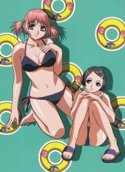  2girls asami_igarashi barefoot bikini black_eyes black_hair blue_eyes drop_shadow hair_ornament hairclip halterneck highres innertube knees_together_feet_apart looking_at_viewer mezzo_danger_service_agency mezzo_forte multiple_girls navel official_art own_hands_together parted_bangs pink_hair sandals shiny_skin short_hair short_twintails side-tie_bikini_bottom smile suzuki_mikura swim_ring swimsuit twintails umetsu_yasuomi 
