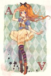  1girl alice&#039;s_adventures_in_wonderland alice_(alice_in_wonderland) arm_up black_hairband black_thighhighs blonde_hair blue_eyes blue_shirt boots brown_boots closed_mouth collared_shirt colored_eyelashes commentary floating_hair full_body fuwata hairband highres long_hair pleated_skirt puffy_short_sleeves puffy_sleeves shirt short_sleeves skirt star_(symbol) striped_clothes striped_thighhighs thighhighs vest white_skirt white_vest 
