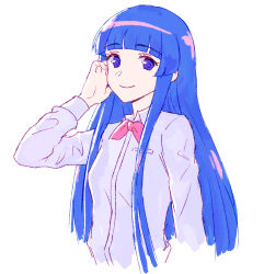 1girl aged_up blue_hair blunt_bangs closed_mouth collared_shirt eyelashes furude_rika hand_up highres higurashi_no_naku_koro_ni higurashi_no_naku_koro_ni_gou long_hair long_sleeves looking_at_viewer neck_ribbon pink_ribbon purple_eyes purple_pupils ribbon school_uniform shirt sidelocks simple_background smile solo st._lucia_academy_school_uniform white_background white_shirt zawabug rating:General score:5 user:danbooru