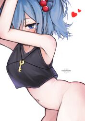 1girl absurdres alternate_costume armpits black_tank_top blue_eyes blue_hair blush bottomless breasts commentary cowboy_shot crop_top english_commentary hair_bobbles hair_ornament heart highres jewelry kawashiro_nitori key key_necklace looking_at_viewer medium_breasts medium_hair navel necklace no_panties radish_(daikonchamma) simple_background solo tank_top touhou two_side_up white_background 