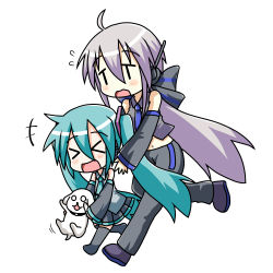  &gt;_&lt; +++ 2girls ahoge animal aqua_hair aqua_necktie bare_shoulders black_legwear black_pants black_skirt black_sleeves blue_neckwear bow chibi chibi_miku crop_top detached_sleeves dog flying_sweatdrops full_body grey_bow grey_hair grey_shirt hair_bow hair_ornament hamo_(dog) hatsune_miku headphones holding holding_animal holding_dog long_hair midriff minami_(colorful_palette) miniskirt multiple_girls navel necktie pants pleated_skirt running shirt skirt sleeveless sleeveless_shirt standing thighhighs twintails very_long_hair vocaloid white_background yowane_haku |_| 