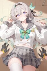  2girls artist_name black_bow black_gloves black_hairband blue_eyes blush bow bowtie breasts buttons cleavage collarbone commentary deyui double-breasted english_commentary fingernails firefly_(honkai:_star_rail) firefly_(spring_missive)_(honkai:_star_rail) from_above gloves gradient_hair green_bow green_bowtie green_hair green_pupils grey_hair grey_sailor_collar grey_skirt hair_between_eyes hair_bow hairband hands_up highres honkai:_star_rail honkai_(series) large_breasts long_hair long_sleeves looking_at_viewer lying midriff multicolored_eyes multicolored_hair multiple_girls navel official_alternate_costume on_back parted_lips plaid_clothes plaid_skirt pov pov_hands sailor_collar school_uniform serafuku shirt skirt stelle_(honkai:_star_rail) sweat thighhighs thighs trailblazer_(honkai:_star_rail) white_shirt white_thighhighs 
