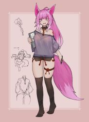 1girl absurdres animal_ears bags_under_eyes bare_shoulders black_shorts black_thighhighs blunt_bangs borrowed_character breasts coin commentary detached_collar english_text fox_ears fox_girl fox_tail full_body highres holding holding_stylus holding_tablet_pc holed_coin large_breasts less looking_at_viewer meme multiple_views no_shoes off-shoulder_shirt off_shoulder open_mouth original pink_eyes pink_hair ponytail shirt short_shorts shorts shoulder_tattoo simple_background solo_focus standing stylus sweat tablet_pc tail tattoo teeth thigh_strap thighhighs upper_teeth_only yamcha_pose_(meme) 