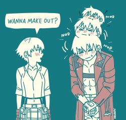  &gt;_&lt; 1boy 1girl abs afterimage blush breasts cleavage coat commentary dante_(devil_may_cry) devil_may_cry devil_may_cry_(series) devil_may_cry_3 english_commentary english_text fingerless_gloves gloves hetero highres invisible_chair jewelry jumpoon lady_(devil_may_cry) limited_palette medium_breasts meme necklace nodding pectoral_cleavage pectorals plaid_clothes plaid_skirt red_coat short_hair signature sitting skirt sweatdrop torn_clothes torn_sleeves wanna_make_out?_(meme) 