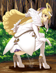 1girl ar_tonelico ar_tonelico_ii ass blonde_hair blush chroche_latel_pastalie elbow_gloves female_focus forest gloves gust hair_ornament high_heels highres hou_(hachiyou) long_hair looking_back nature no_panties pee peeing purple_eyes shoes solo squatting white_shoes rating:Explicit score:87 user:danbooru