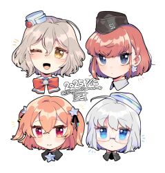  alternate_hair_length alternate_hairstyle atlanta_(kancolle) black_hat blue_eyes blush bow bowtie brown_eyes brown_hair closed_mouth dated dixie_cup_hat dot_mouth earrings eto_(etonomemo1008) garrison_cap glasses grey_hair hair_between_eyes hair_ornament hair_ribbon hashtag-only_commentary hat heywood_l._edwards_(kancolle) jewelry johnston_(kancolle) kantai_collection military_hat multiple_girls one_eye_closed open_mouth orange_hair pola_(kancolle) red_bow red_bowtie red_eyes ribbon short_hair signature simple_background star_(symbol) star_earrings star_hair_ornament twitter_username two_side_up white_background white_hat 