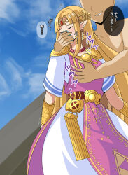 1boy 1girl appie555 bald_male blonde_hair blue_sky chloroform closed_eyes convenient_censoring dress drugged earrings evil_smile groping highres imminent_rape japanese_text jewelry long_hair motion_lines nervous nintendo pointy_ears princess princess_zelda sky smile speech_bubble super_smash_bros. the_legend_of_zelda the_legend_of_zelda:_a_link_between_worlds tiara translation_request triforce