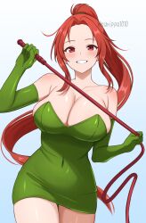  1girl bare_shoulders blue_background breasts cleavage commentary_request covered_navel dress elbow_gloves gloves gradient_background green_dress green_gloves highres holding holding_whip large_breasts looking_at_viewer ponytail red_eyes red_hair shynesslady solo star_ocean star_ocean:_the_second_story surippa1010 twitter_username whip 