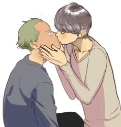  2boys adam&#039;s_apple black_pants blonde_hair blush closed_eyes collarbone commentary_request crew_neck fingernails grey_hair grey_shirt hair_slicked_back hands_on_another&#039;s_face long_sleeves looking_at_another male_focus multiple_boys narukami_yu pants persona persona_4 ponta_(aka_7280) profile shirt simple_background tatsumi_kanji white_background wide-eyed yaoi 